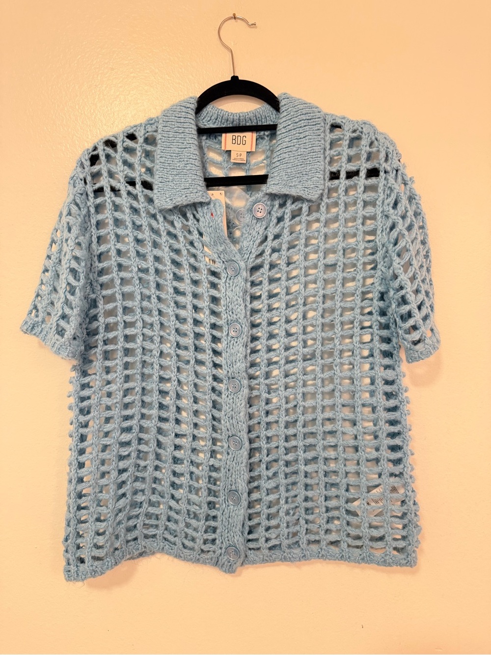 BDG Light Blue Open-Weave Button-Up Cardigan